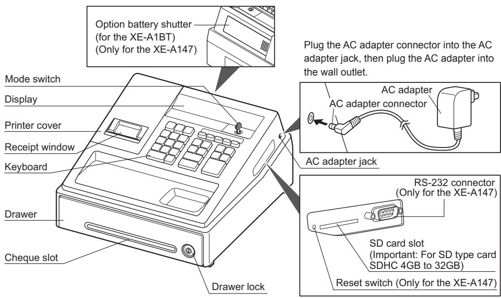 Option battery shutter (for the XE-A1BT) (Only for the XE-A147) Mode switch Display Printer cover Receipt window Keyboard Drawer Cheque slot Drawer lock Plug the AC adapter connector into the AC adapter jack, then plug the AC adapter into the wall outlet. AC adapter AC adapter connector AC adapter jack RS-232 connector (Only for the XE-A147) SD card slot (Important: For SD type card SDHC 4GB to 32GB) Reset switch (Only for the XE-A147)