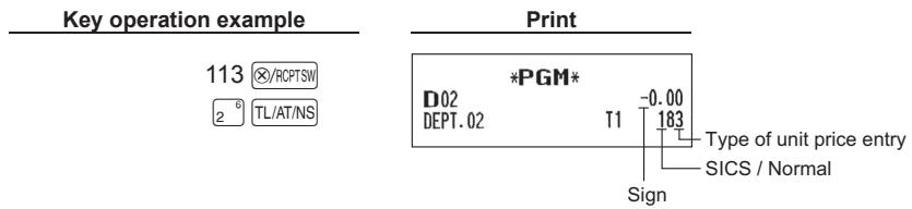 Key operation example 113 ⚗/RCPTSW 2° TL/AT/NS Print *PGM* D02 DEPT.02 T1 -0.00 183 Sign Type of unit price entry SICS / Normal