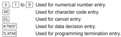 0, 1 to 9 Used for numerical number entry. 00 Used for character code entry. CL Used for cancel entry. #/TM/ST Used for data decision entry. TL/AT/NS Used for programming termination entry.