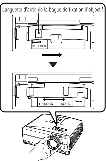 SHARP XG-C330X - Faire glisser la languette d'arrêt de la bague de fixation d'objectif dans le sens de « LOCK » jusqu'à ce qu'elle s'arrête. - 1