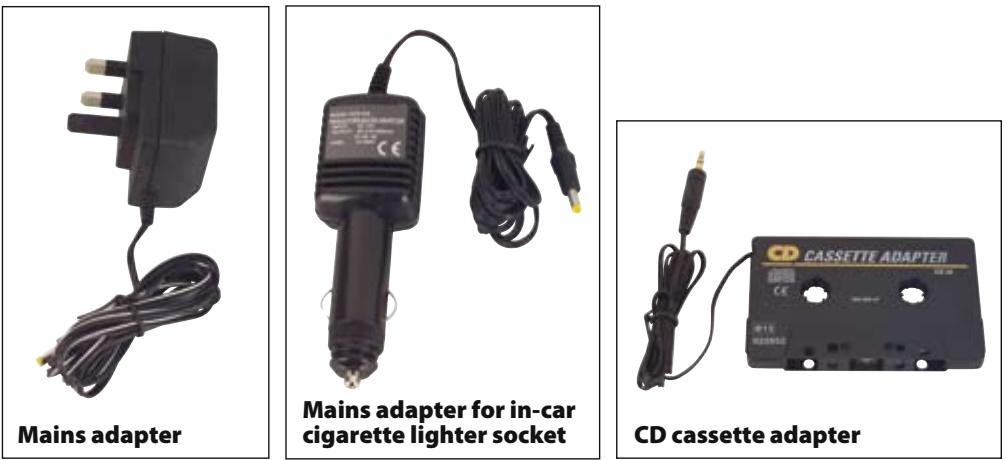 Mains adapter Mains adapter for in-car cigarette lighter socket CD cassette adapter
