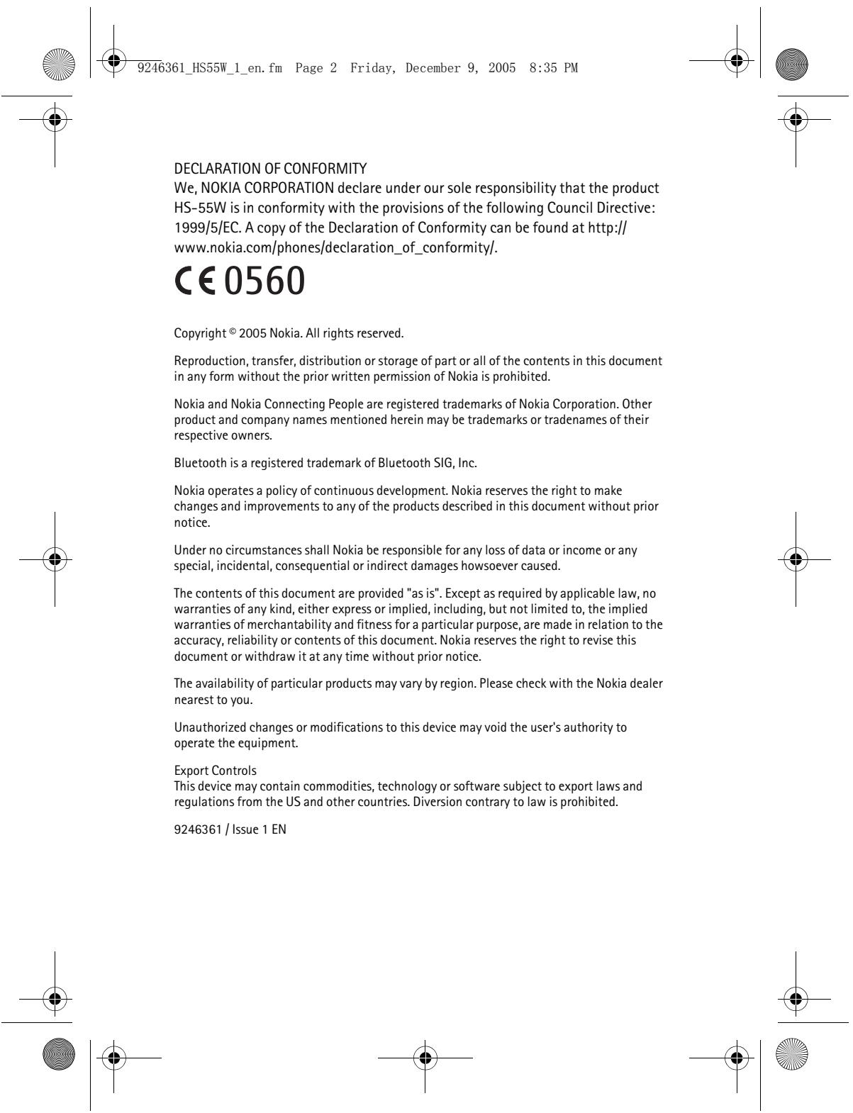 NOKIA WIRELESS HEADSET HS-55W - Nokia Wireless Headset (HS-55W) User Guide - 3
