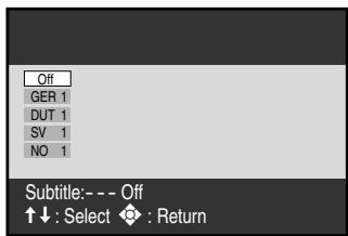 Off GER 1 DUT 1 SV 1 NO 1 Subtitle:-- Off ↑↓ : Select ◆ : Return