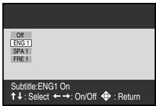 Off ENG 1 SPA 1 FRE 1 Subtitle:ENG1 On ↑↓ : Select ←→ : On/Off ◆ : Return