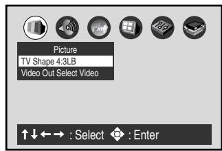 Picture TV Shape 4:3LB Video Out Select Video ↑↓←→ : Select ◆ : Enter