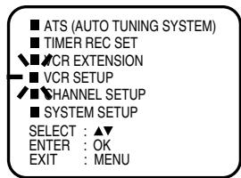 ■ ATS (AUTO TUNING SYSTEM) ■ TIMER REC SET ▼ ▼ VCR EXTENSION ■ VCR SETUP ▼ ▼ CHANNEL SETUP ■ SYSTEM SETUP SELECT : ▲▼ ENTER : OK EXIT : MENU