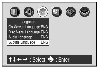 Language On-Screen Language ENG Disc Menu Language ENG Audio Language ENG Subtitle Language ENG ↑↓←→ : Select ◆ : Enter