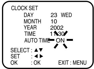 CLOCK SET DAY 23 WED MONTH 10 YEAR 2002 TIME 1:30 AUTO TIME ON SELECT : ▲▼ SET : ◀► OK : OK EXIT : MENU