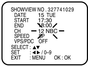 SHOWVIEW NO .327741029 DATE 15 TUE START 17:30 END 8:00 CH 12 NBC SPEED 2P VPS/PDC OFF SELECT : ▲▼ SET : ◀▶ / 0-9 EXIT : MENU OK : OK