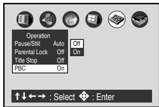 Operation Pause/Still Auto Off Parental Lock Off On Title Stop Off FBC On ↑↓←→ : Select : Enter