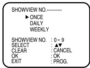 SHOWVIEW NO.---- ► ONCE DAILY WEEKLY SHOWVIEW NO. : 0 - 9 SELECT : ▲▼ CLEAR : CANCEL OK : OK EXIT : PROG.