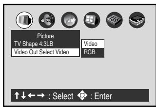 Picture TV Shape 4:3LB Video Out Select Video Video RGB ↑↓←→ : Select : Enter