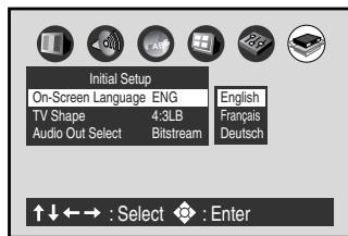 Initial Setup On-Screen Language ENG TV Shape 4:3LB Audio Out Select Bitstream English Français Deutsch ↑↓←→ : Select : Enter