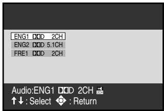 ENG1 ☐D 2CH ENG2 ☐D 5.1CH FRE1 ☐D 2CH Audio:ENG1 ☐D 2CH ↑↓ : Select ◆ : Return