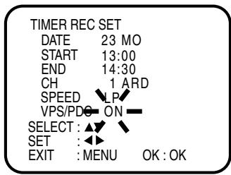 TIMER REC SET DATE 23 MO START 13:00 END 14:30 CH 1 ARD SPEED LP VPS/PDE ON SELECT : ▲▼ SET : ◀◀ EXIT : MENU OK : OK