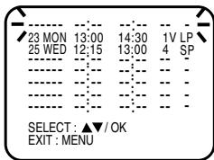 23 MON 13:00 14:30 1V LP 25 WED 12:15 13:00 4 SP SELECT : ▲▼/OK EXIT : MENU