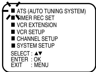 ■ ATS (AUTO TUNING SYSTEM) ✓ TIMER REC SET ■ VCR EXTENSION ■ VCR SETUP ■ CHANNEL SETUP ■ SYSTEM SETUP SELECT : ▲▼ ENTER : OK EXIT : MENU
