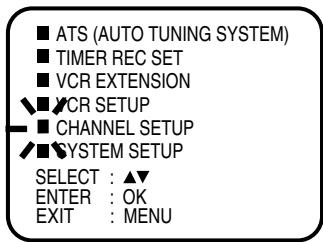 ■ ATS (AUTO TUNING SYSTEM) ■ TIMER REC SET ■ VCR EXTENSION ▼ ▼ VCR SETUP — ■ CHANNEL SETUP ✓ ▼ SYSTEM SETUP SELECT : ▲▼ ENTER : OK EXIT : MENU