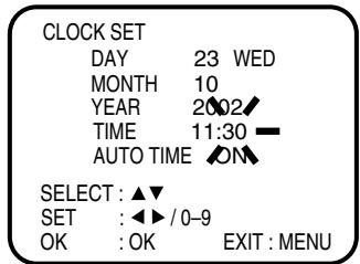 CLOCK SET DAY 23 WED MONTH 10 YEAR 2002 TIME 11:30 — AUTO TIME ON SELECT : ▲▼ SET : ◀► / 0-9 OK : OK EXIT : MENU