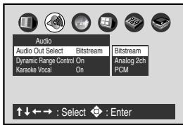 Audio Audio Out Select Bitstream Bitstream Dynamic Range Control On Analog 2ch Karakoe Vocal On PCM ↑↓←→ : Select Enter