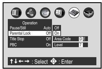 Operation Pause/Still Auto Off Parental Lock Off On Title Stop Off Area Code D E PBC On Level 7 ↑↓←→ : Select ◆ : Enter