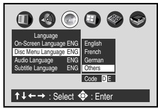 Language On-Screen Language ENG Disc Menu Language ENG Audio Language ENG Subtitle Language ENG English French German Others Code D E ↑↓←→ : Select ◆ : Enter