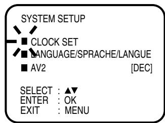 SYSTEM SETUP ■ CLOCK SET ■ LANGUAGE/SPRACHE/LANGUE ■ AV2 [DEC] SELECT : ▲▼ ENTER : OK EXIT : MENU