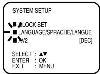 SYSTEM SETUP ■ BLOCK SET ■ LANGUAGE/SPRACHE/LANGUE ■ AV2 [DEC] SELECT : ▲▼ ENTER : OK EXIT : MENU