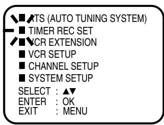ATS (AUTO TUNING SYSTEM) TIMER REC SET VCR EXTENSION VCR SETUP CHANNEL SETUP SYSTEM SETUP SELECT : ▲▼ ENTER : OK EXIT : MENU