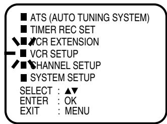 ATS (AUTO TUNING SYSTEM) TIMER REC SET VCR EXTENSION VCR SETUP CHANNEL SETUP SYSTEM SETUP SELECT : ▲▼ ENTER : OK EXIT : MENU