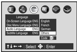 Language On-Screen Language ENG Disc Menu Language ENG Audio Language ENG Subtitle Language ENG English French German Others Code D E ↑↓←→ : Select : Enter