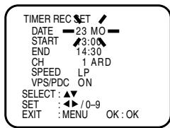 TIMER REC SET DATE 23 MO START 3:00 END 14:30 CH 1 ARD SPEED LP VPS/PDC ON SELECT : ▲▼ SET : ◀► /0-9 EXIT : MENU OK : OK