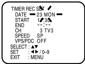 TIMER REC SET DATE — 23 MON — START 1:30 END --:-- CH 3 TV3 SPEED SP VPS/PDC OFF SELECT : ▲▼ SET : ◀▶ /0-9 EXIT : MENU