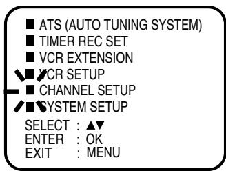 ■ ATS (AUTO TUNING SYSTEM) ■ TIMER REC SET ■ VCR EXTENSION ▼ ▼ VCR SETUP ■ CHANNEL SETUP ▼ ▼ SYSTEM SETUP SELECT : ▲▼ ENTER : OK EXIT : MENU