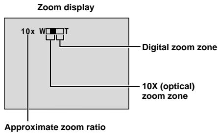 Zoom display 10x W T Digital zoom zone 10X (optical) zoom zone Approximate zoom ratio