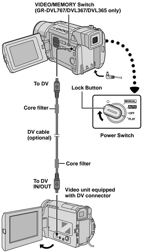 VIDEO/MEMORY Switch (GR-DVL767/DVL367/DVL365 only) To DV Core filter DV cable (optional) Core filter To DV IN/OUT Video unit equipped with DV connector Lock Button MANUAL AUTO OFF PLAY Power Switch