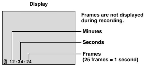 Display Frames are not displayed during recording. Minutes Seconds Frames (25 frames = 1 second) 12 : 34 : 24