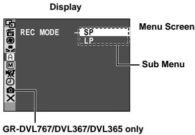 Display REC MODE SP LP Menu Screen Sub Menu GR-DVL767/DVL367/DVL365 only