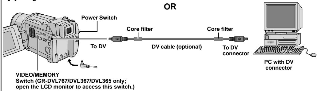 OR Power Switch Core filter Core filter To DV DV cable (optional) To DV connector PC with DV connector VIDEO/MEMORY Switch (GR-DVL767/DVL367/DVL365 only; open the LCD monitor to access this switch.)