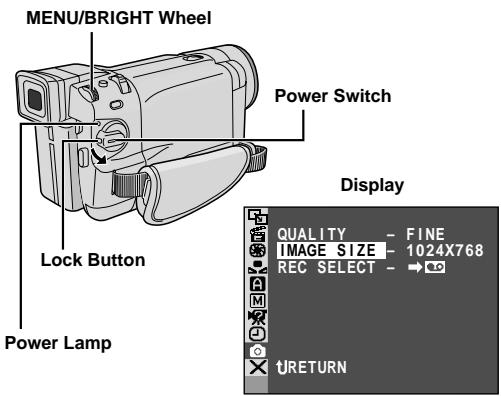 MENU/BRIGHT Wheel Power Switch Lock Button Power Lamp Display QUALITY - FINE IMAGE SIZE - 1024X768 REC SELECT - → tRETURN