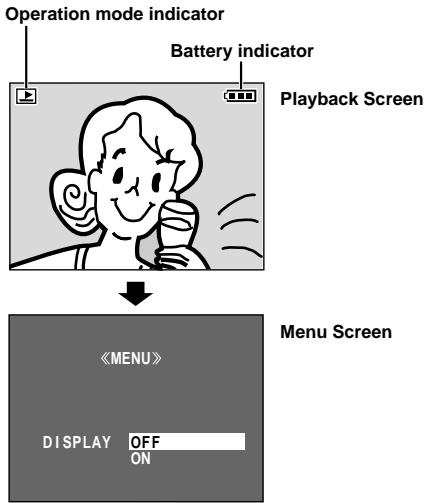Operation mode indicator Battery indicator Playback Screen Menu Screen DISPLAY OFF ON