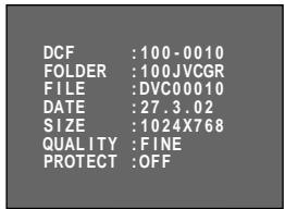 DCF : 100-0010 FOLDER : 100JVCGR FILE : DVC00010 DATE : 27.3.02 SIZE : 1024X768 QUALITY : FINE PROTECT : OFF
