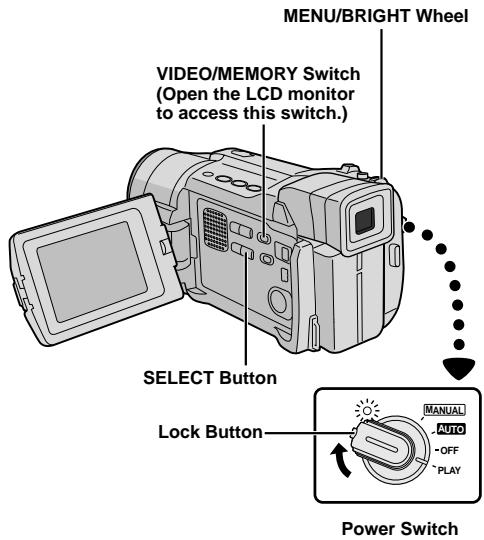 MENU/BRIGHT Wheel VIDEO/MEMORY Switch (Open the LCD monitor to access this switch.) SELECT Button Lock Button MANUAL AUTO -OFF -PLAY Power Switch
