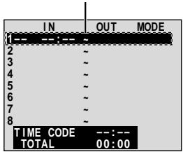 IN OUT MODE 1-- 2 3 4 5 6 7 8 TIME CODE --:-- TOTAL 00:00