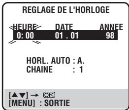 REGLAGE DE L'HORLOGE HEURE DATE ANNEE 0:00 01.01 98 HORL. AUTO : A. CHAINE : 1 [▲▼] → ⚙ [MENU] : SORTIE