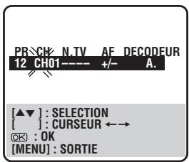 PR\CH2 N.TV AF DECODEUR 12 CH01---- +/- A. [▲▼] : SELECTION [ ] : CURSEUR ←→ OK : OK [MENU] : SORTIE