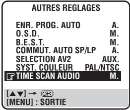 AUTRES REGLAGES ENR. PROG. AUTO A. O.S.D. B.E.S.T. COMMUT. AUTO SP/LP A. SELECTION AV2 AUX. SYST. COULEUR PAL/NTSC TIME SCAN AUDIO M. [▲▼] → Ⓧ [MENU] : SORTIE
