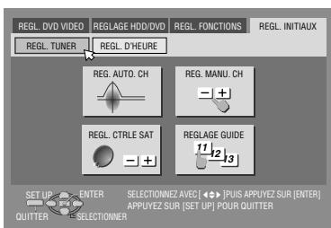 REGL. DVD VIDEO REGLAGE HDD/DVD REGL. FUNCTIONS REGL. INITIAUX REGL. TUNER REGL. D'HEURE REG. AUTO. CH REG. MANU. CH -1 + REGL. CTRLE SAT -1 + REGLAGE GUIDE 11 12 13 SET UP ENTER SELECTIONNEZ AVEC ◀ Puis Appuyez Sur [ENTER] APPUYEZ SUR [SET UP] POUR QUITTER QUITTER SELECTIONNER