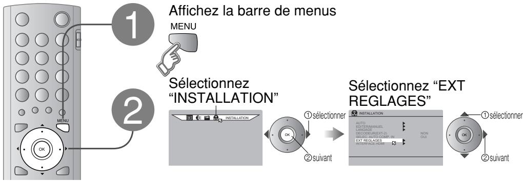 graph TD A["1 Affichez la barre de menus MENU"] --> B["2 Sélectionnez "INSTALLATION""] B --> C["3 Sélectionnez "EXT REGLAGES""] C --> D["4 Selection of Installation"] D --> E["5 Selection of Installation"] style A fill:#f9f,stroke:#333 style B fill:#ccf,stroke:#333 style C fill:#…