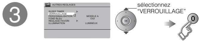 AUTRES RÉGLAGES SLEEP TIMER VERROUILLAGE PERSONNALISATION FOND BLEU RÉGLAGE FAVORI ILLUMINATION MODÈLE A QUI LUMINEUX sélectionnez "VERROUILLAGE" OK 0